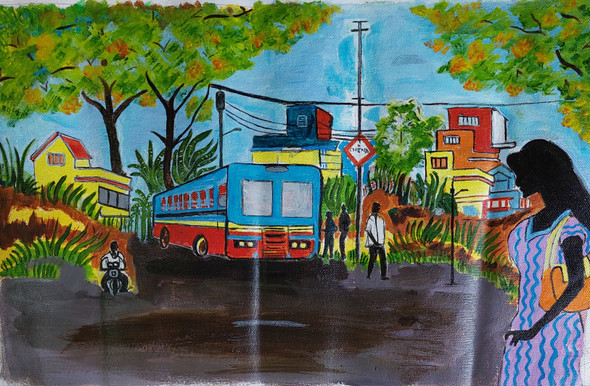 The Girl In  The Bus-stand (ART_2419_54960) - Handpainted Art Painting - 17in X 12in