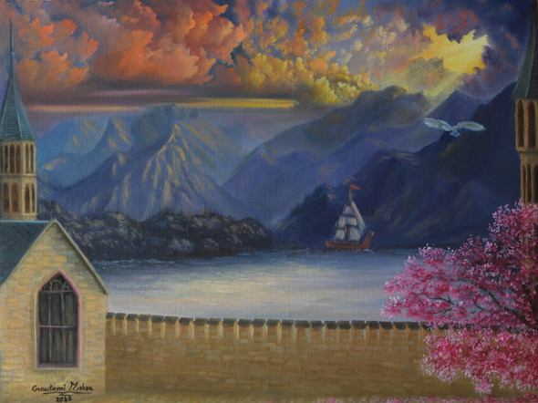 Harry Potter Castle In Mountains - Scenery Painting (ART_976_52392) - Handpainted Art Painting - 24in X 18in