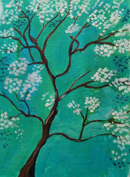 THE TREE WITH WHITE FLOWERS (ART_2419_21950) - Handpainted Art Painting - 9in X 12in