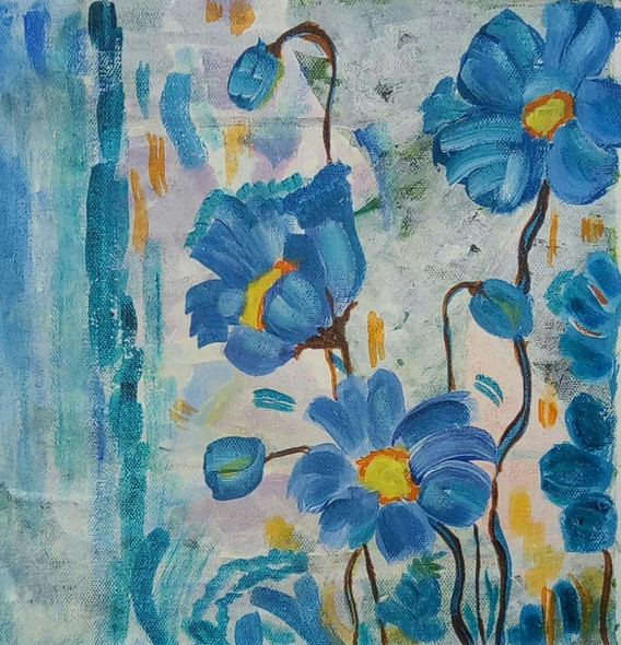 THE BLUE FLOWERS IN WHITE WALL (ART_2419_21749) - Handpainted Art Painting - 10in X 10in