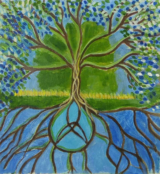 THE TREE WITH THE ROOTS (ART_2419_21744) - Handpainted Art Painting - 11in X 11in