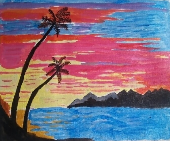 THE SUNSET AND THE SEA (ART_2419_18935) - Handpainted Art Painting - 12in X 10in