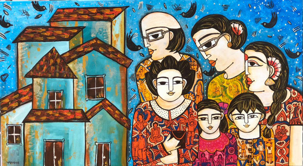 Joint family (ART_5103_55170) - Handpainted Art Painting - 20in X 30in