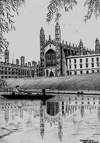 Punting on River Cam besides King's College ChapelCambridgeUK  (ART_7954_55371) - Handpainted Art Painting - 7in X 10in