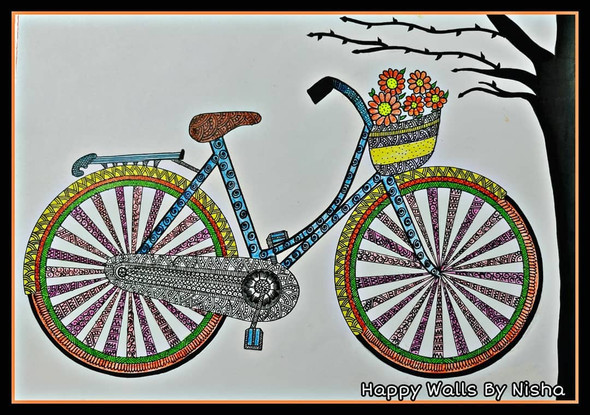 Colourful Bicycle (ART_7976_55541) - Handpainted Art Painting - 8in X 12in