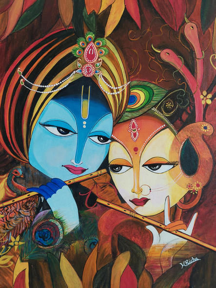 The Krishna with Radha ji  (ART_7814_55449) - Handpainted Art Painting - 16in X 20in