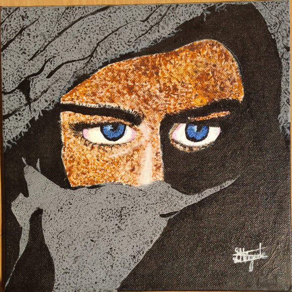 A lady with blue eyes and black attire (ART_7965_55352) - Handpainted Art Painting - 8in X 8in