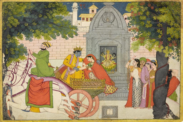 Rukmini Elopes With Krishna, Folio From A Bhagavata Purana (PRT_7430) - Canvas Art Print - 42in X 28in