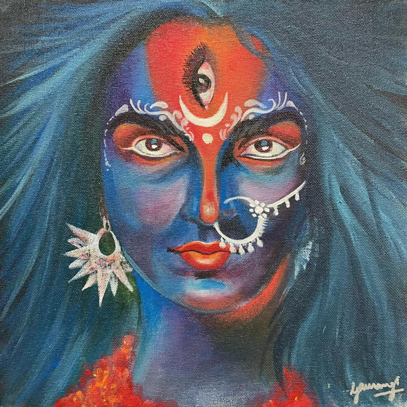 Three eyed KAALI (ART_7951_55811) - Handpainted Art Painting - 12in X 12in