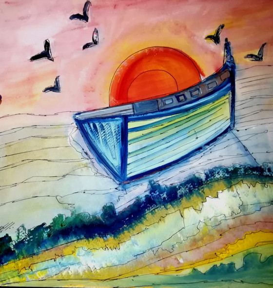 Boat with sunset (ART_7982_55678) - Handpainted Art Painting - 12in X 12in