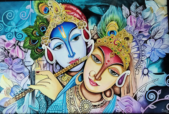RadhaaMaadhavam-Acrylic on canvas (ART_7973_55520) - Handpainted Art Painting - 34in X 22in