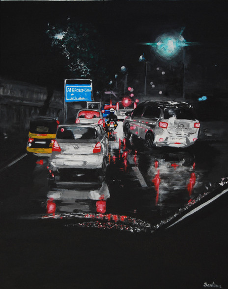 Drive in a Rainy Night (ART_7956_55364) - Handpainted Art Painting - 16in X 20in
