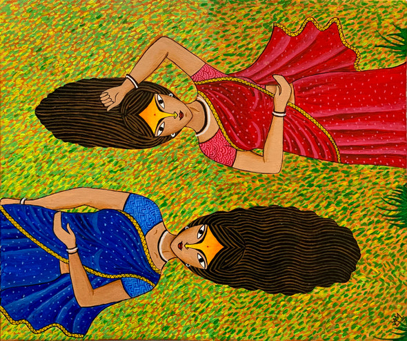 Indian Women on Grass (ART_7998_56093) - Handpainted Art Painting - 20in X 16in