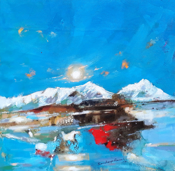 Blue Skies Icy Mountains And Me (Landscape) (ART_5244_56056) - Handpainted Art Painting - 18in X 18in