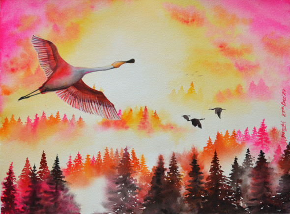 Beautiful Flights - Flamingos passing over a misty landscape (ART_8006_56040) - Handpainted Art Painting - 16in X 11in