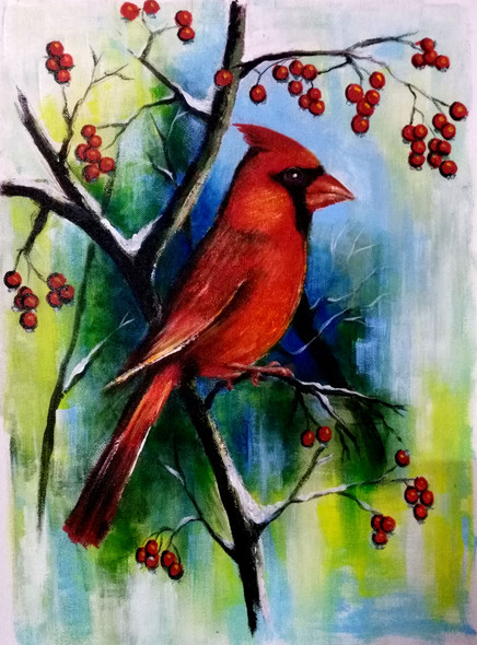 Red Cardinal bird (ART_236_55975) - Handpainted Art Painting - 18in X 24in