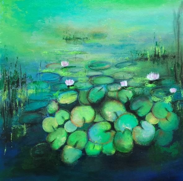 Water lily pond ! Contemporary landscape  (ART_1784_56011) - Handpainted Art Painting - 20in X 20in