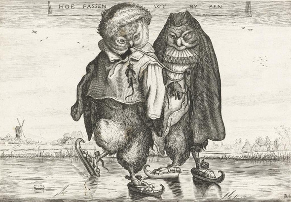 Ice Skating Owls By Adriaen Matham (PRT_7932) - Canvas Art Print - 32in X 22in