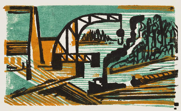 River Landscape With Crane And Barges (1927) By Ernst Ludwig Kirchner (PRT_8148) - Canvas Art Print - 19in X 12in