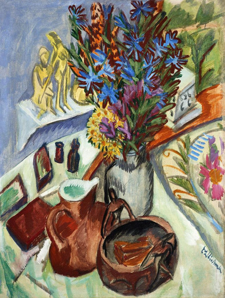 Still Life With Jug And African Bowl (1912) By Ernst Ludwig Kirchner (PRT_8156) - Canvas Art Print - 26in X 34in