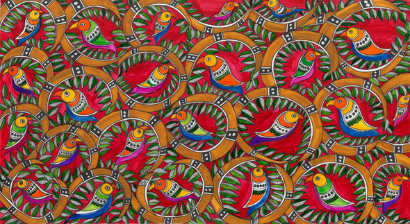 Madhubani Birds Of Joy (ART_2399_56246) - Handpainted Art Painting - 15in X 8in