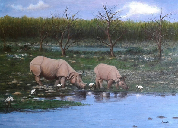 Rhino Of Assam (ART_8011_56230) - Handpainted Art Painting - 25in X 18in