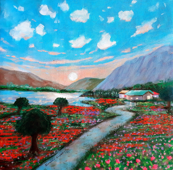 Sunrise with Red Flowers (Landscape) (ART_5244_56144) - Handpainted Art Painting - 18in X 18in