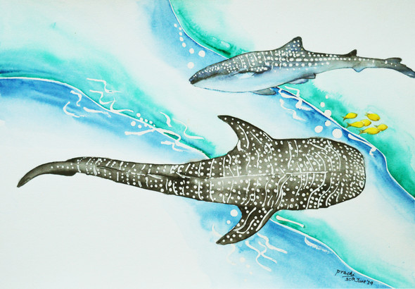 Giant Shark Whales (ART_8006_56127) - Handpainted Art Painting - 30in X 20in