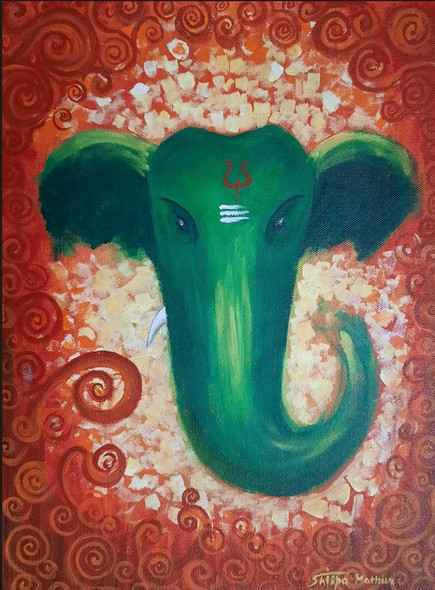 Green Ganesha (ART_1292_56109) - Handpainted Art Painting - 12in X 16in