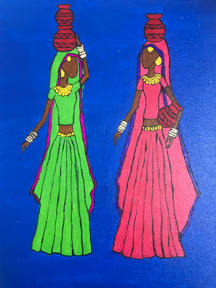 Two village girls  (ART_8002_56104) - Handpainted Art Painting - 12in X 16in