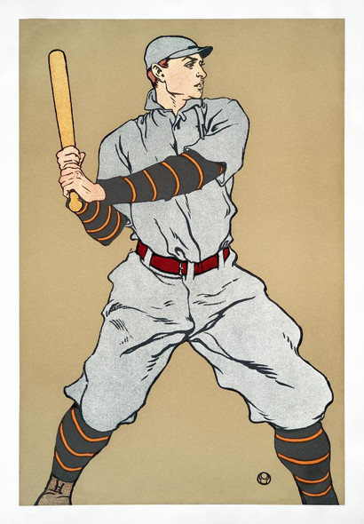 Vintage Drawing Of A Baseball Player Holding A Bat (1908) By Edward Penfield (PRT_8229) - Canvas Art Print - 21in X 30in