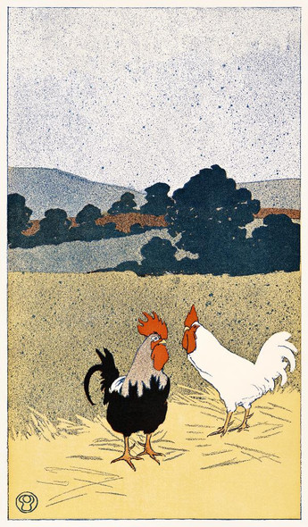 Two Roosters In A Field (1898) By Edward Penfield (PRT_8223) - Canvas Art Print - 22in X 38in