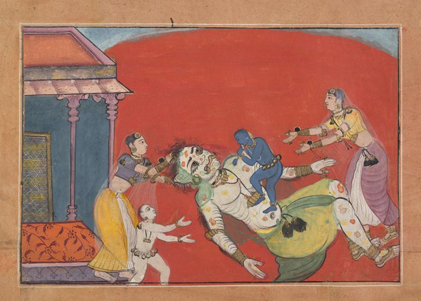 The Death Of The Demoness Putana- Folio From A Bhagavata Purana Series (PRT_8295) - Canvas Art Print - 20in X 15in