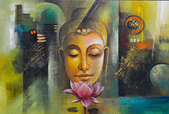 Buddha & Lotus By RA Arts  (PRT_8395) - Canvas Art Print - 28in X 19in