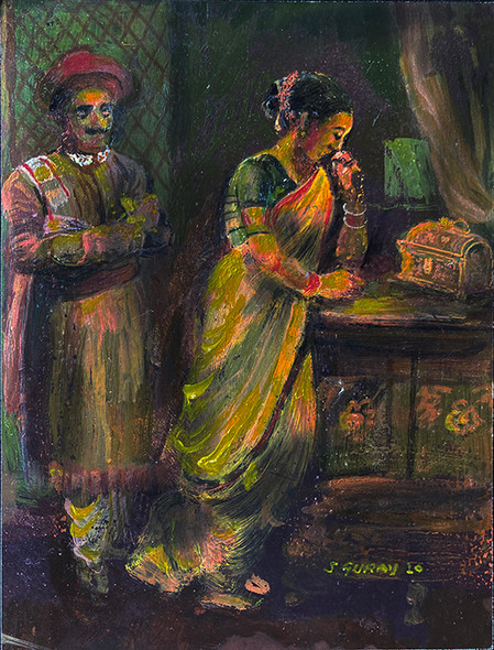 Peshwa couple in a idyllic moment (ART_6267_56643) - Handpainted Art Painting - 7in X 9in