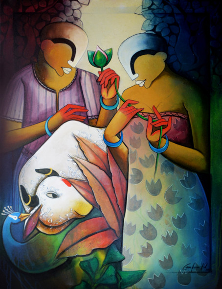 A Moment of Love (ART_6351_56629) - Handpainted Art Painting - 36in X 48in