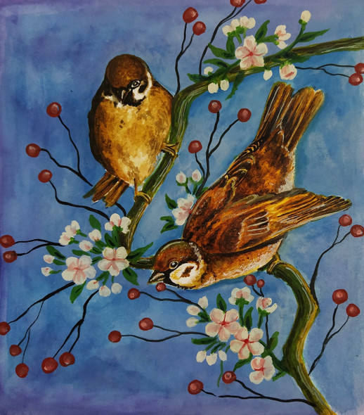 A pair of sparrows (ART_7283_56608) - Handpainted Art Painting - 8in X 11in