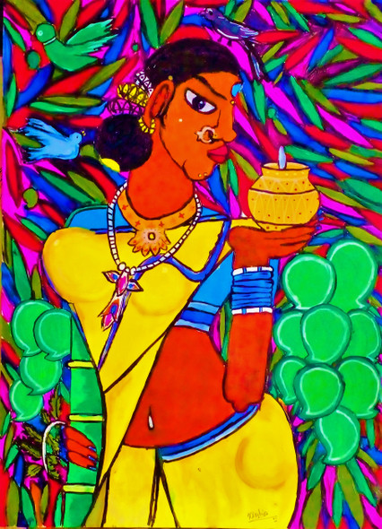 Ugadi - Indian Women (ART_8032_56603) - Handpainted Art Painting - 11in X 16in