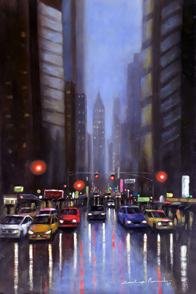 Beautiful Bright City and Rainy Season  (ART_5244_56878) - Handpainted Art Painting - 10in X 15in