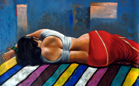 A beautiful woman sleeping (ART_5244_56888) - Handpainted Art Painting - 22in X 34in