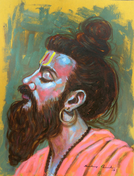 Meditative mood of indian sadhu - 2  (ART_5244_56862) - Handpainted Art Painting - 8in X 10in
