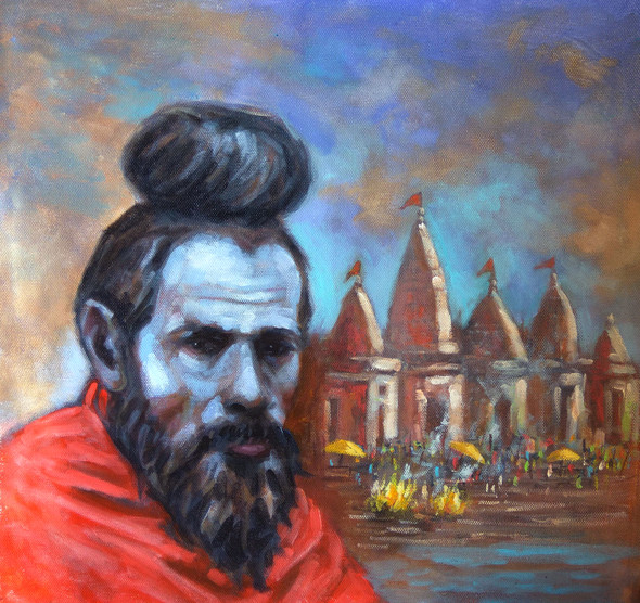 Aghori Sadhu at Gangaghat Varanasi  (ART_5244_56856) - Handpainted Art Painting - 14in X 14in