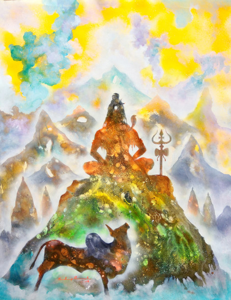 RUDRA IN PARADISE (Lord Shiva) (ART_5244_56844) - Handpainted Art Painting - 32in X 42in