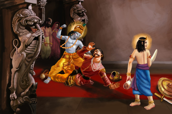 Lord Krishna With Balarama Fight The Evil King Kamsa  (PRT_8043_56760) - Canvas Art Print - 36in X 24in
