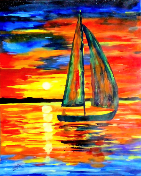 Sunset Boat Scenery (ART_8032_57079) - Handpainted Art Painting - 11in X 13in