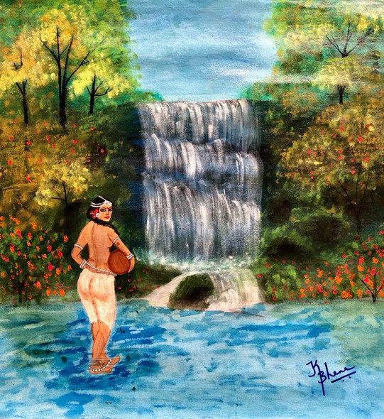 BEAUTIFUL INDIAN LADY WITH POT NEAR WATERFALLS (ART_7748_53372) - Handpainted Art Painting - 16in X 17in