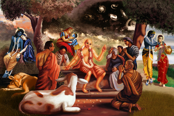 Sri Chaitanya Mahaprabhu Telling Pastimes Of Lord Krishna (PRT_8043_56799) - Canvas Art Print - 36in X 24in