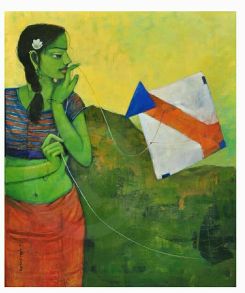 Girl With Kite (ART_8075_57719) - Handpainted Art Painting - 36in X 30in