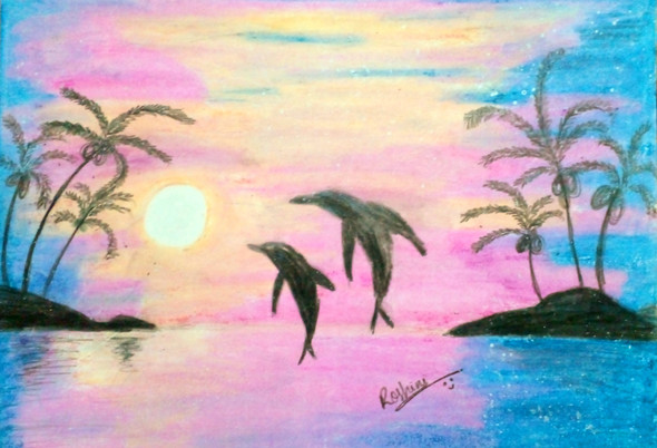 Sunset Dolphin Scenery (ART_8032_57687) - Handpainted Art Painting - 11 in X 8in