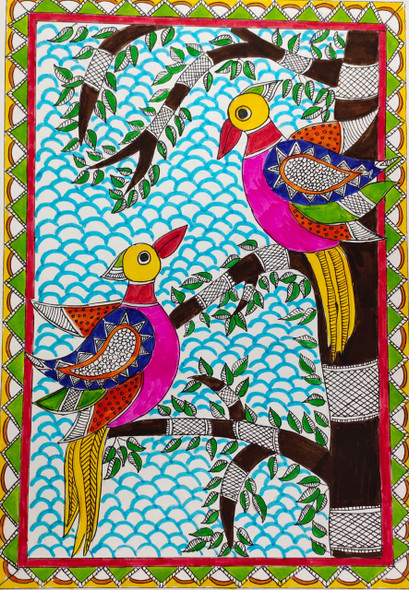 Two Birds Chirping on the Tree (ART_8089_57559) - Handpainted Art Painting - 12in X 15in